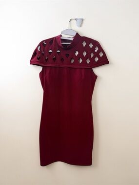 YNS Generic Burgundy Red Backless Sheath Dress with Cutout Capelet